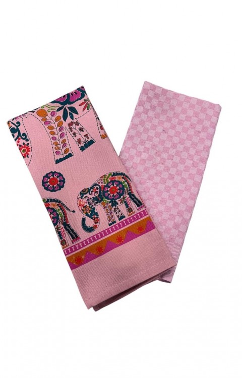 2'li Mutfak Peçetesi %100 Pamuk Dokuma Desenli ve Baskılı 40 x 60 Pembe Havlu Seti