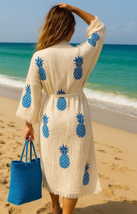 4 Kat Natürel Müslin Pamuk Kumaş Kimyasal İşlem Görmemiş El Baskılı Kaftan Kimono Peştemal Bornoz8