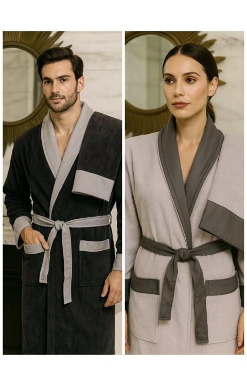 %100 Pamuk Yüksek Su Emici Şal Yaka Cepli Kadın Erkek Banyo Seti (S-M Kadın/L-XL Erkek)