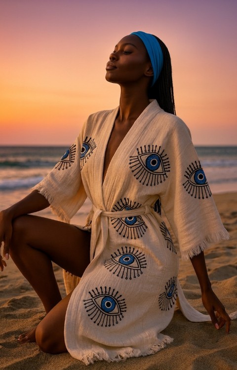 4 Kat Natürel Müslin Pamuk Kumaş Kimyasal İşlem Görmemiş El Baskılı Kaftan Kimono Peştemal Bornoz21
