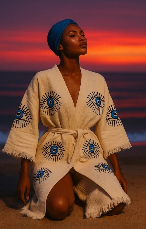 4 Kat Natürel Müslin Pamuk Kumaş Kimyasal İşlem Görmemiş El Baskılı Kaftan Kimono Peştemal Bornoz21