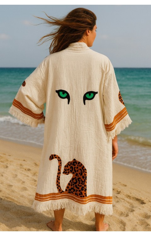 4 Kat Natürel Müslin Pamuk Kumaş Kimyasal İşlem Görmemiş El Baskılı Kaftan Kimono Peştemal Bornoz11