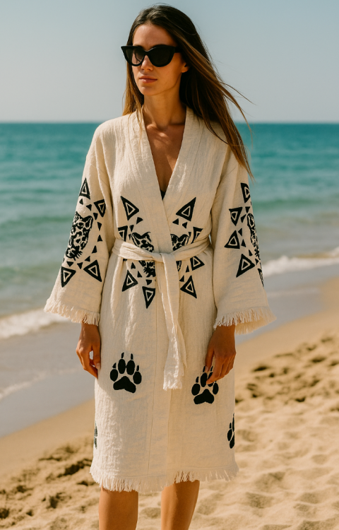 4 Kat Natürel Müslin Pamuk Kumaş Kimyasal İşlem Görmemiş El Baskılı Kaftan Kimono Peştemal Bornoz4