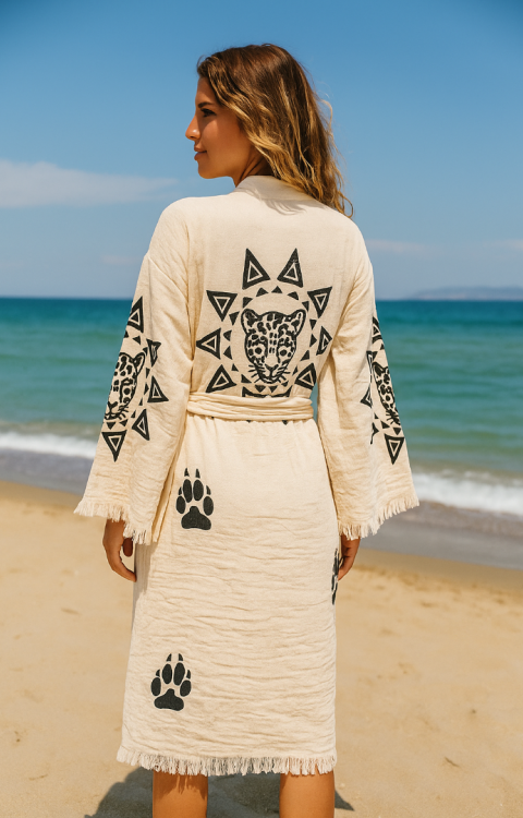 4 Kat Natürel Müslin Pamuk Kumaş Kimyasal İşlem Görmemiş El Baskılı Kaftan Kimono Peştemal Bornoz4