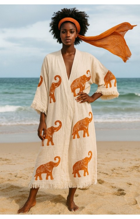 4 Kat Natürel Müslin Pamuk Kumaş Kimyasal İşlem Görmemiş El Baskılı Kaftan Kimono Peştemal Bornoz13