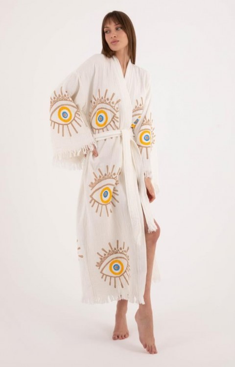 4 Kat Natürel Müslin Pamuk Kumaş Kimyasal İşlem Görmemiş El Baskılı Kaftan Kimono Peştemal Bornoz19