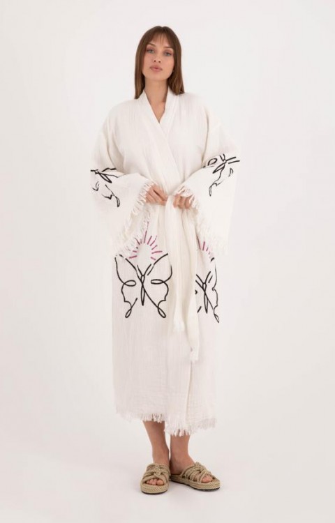 4 Kat Natürel Müslin Pamuk Kumaş Kimyasal İşlem Görmemiş El Baskılı Kaftan Kimono Peştemal Bornoz18