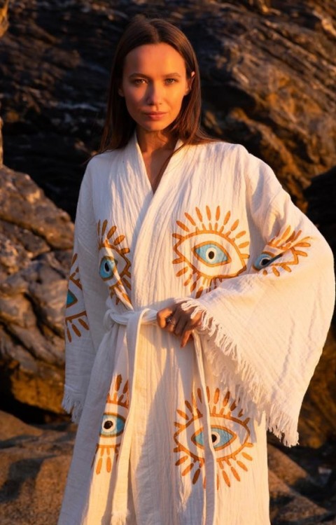 4 Kat Natürel Müslin Pamuk Kumaş Kimyasal İşlem Görmemiş El Baskılı Kaftan Kimono Peştemal Bornoz22