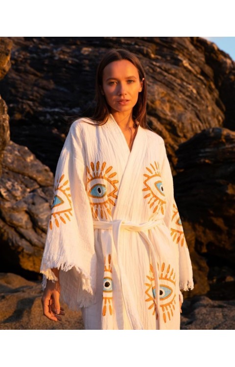 4 Kat Natürel Müslin Pamuk Kumaş Kimyasal İşlem Görmemiş El Baskılı Kaftan Kimono Peştemal Bornoz22