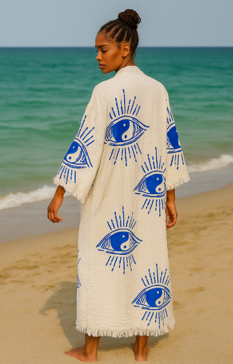 4 Kat Natürel Müslin Pamuk Kumaş Kimyasal İşlem Görmemiş El Baskılı Kaftan Kimono Peştemal Bornoz