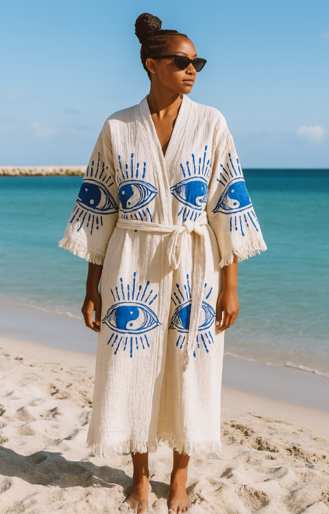 4 Kat Natürel Müslin Pamuk Kumaş Kimyasal İşlem Görmemiş El Baskılı Kaftan Kimono Peştemal Bornoz