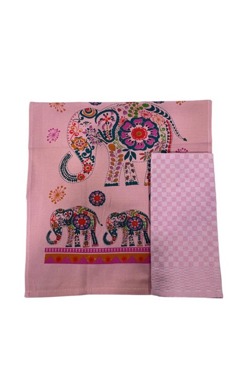 2'li Mutfak Peçetesi %100 Pamuk Dokuma Desenli ve Baskılı 40 x 60 Pembe Havlu Seti