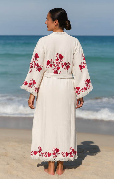 4 Kat Natürel Müslin Pamuk Kumaş Kimyasal İşlem Görmemiş El Baskılı Kaftan Kimono Peştemal Bornoz6