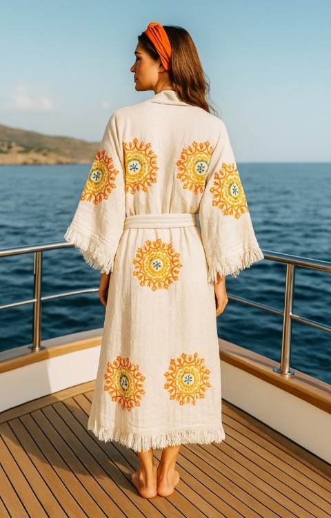   4 Kat Natürel Müslin Pamuk Kumaş Kimyasal İşlem Görmemiş El Baskılı Kaftan Kimono Peştemal Bornoz23