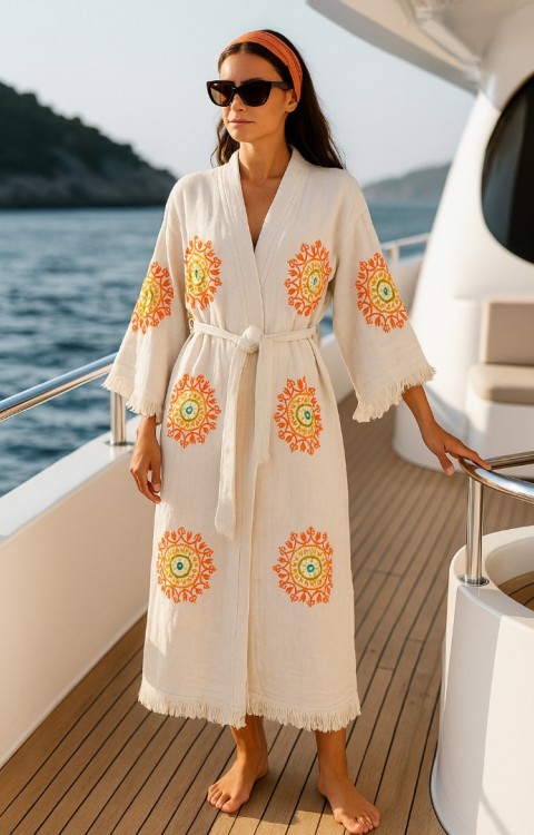   4 Kat Natürel Müslin Pamuk Kumaş Kimyasal İşlem Görmemiş El Baskılı Kaftan Kimono Peştemal Bornoz23