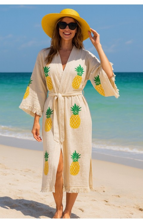 4 Kat Natürel Müslin Pamuk Kumaş Kimyasal İşlem Görmemiş El Baskılı Kaftan Kimono Peştemal Bornoz16