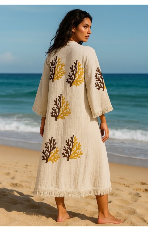 4 Kat Natürel Müslin Pamuk Kumaş Kimyasal İşlem Görmemiş El Baskılı Kaftan Kimono Peştemal Bornoz10