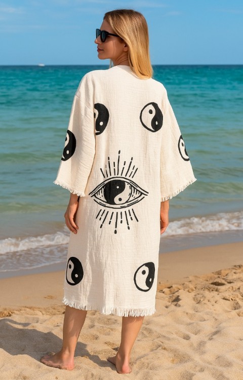 4 Kat Natürel Müslin Pamuk Kumaş Kimyasal İşlem Görmemiş El Baskılı Kaftan Kimono Peştemal Bornoz2