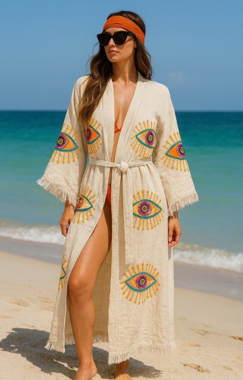 4 Kat Natürel Müslin Pamuk Kumaş Kimyasal İşlem Görmemiş El Baskılı Kaftan Kimono Peştemal Bornoz17