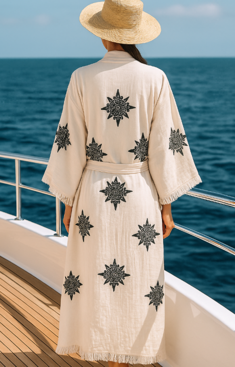 4 Kat Natürel Müslin Pamuk Kumaş Kimyasal İşlem Görmemiş El Baskılı Kaftan Kimono Peştemal Bornoz7