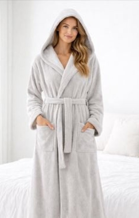 Kapüşonlu Cepli %100 Pamuk Bej Kadın Erkek Bornoz Havlu Bornoz