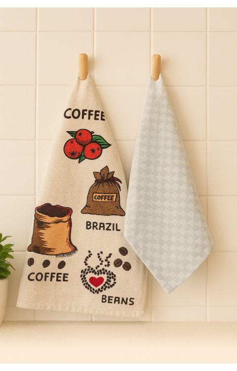 2'li Mutfak Peçetesi %100 Pamuk Dokuma Desenli ve Baskılı 40 x 60 Bej Havlu Seti