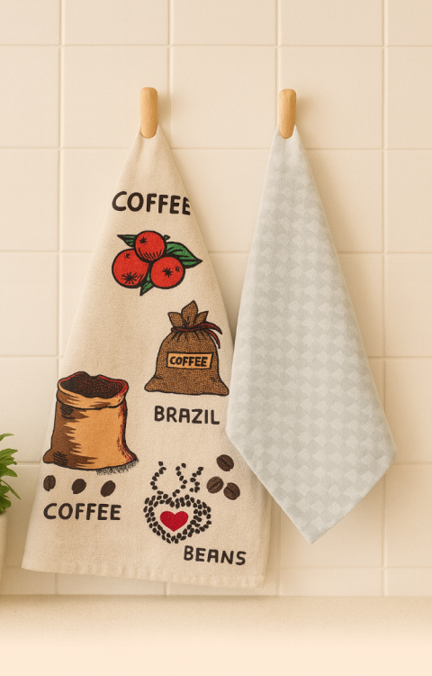 2'li Mutfak Peçetesi %100 Pamuk Dokuma Desenli ve Baskılı 40 x 60 Bej Havlu Seti