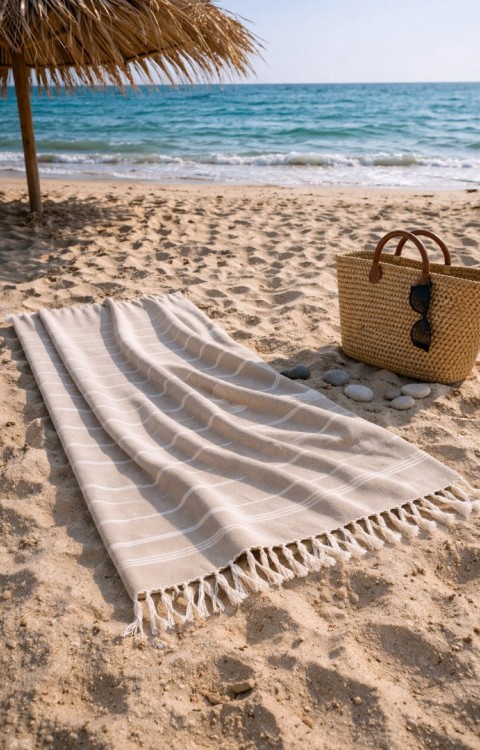 Çizgili %100 Pamuk 90x180 cm Peştemal Plaj Banyo Havlusu Bej