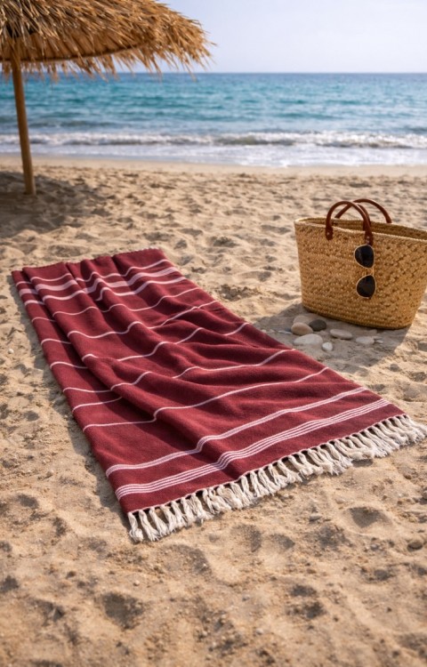 Çizgili %100 Pamuk 90x180 cm Peştemal Plaj Banyo Havlusu Bordo