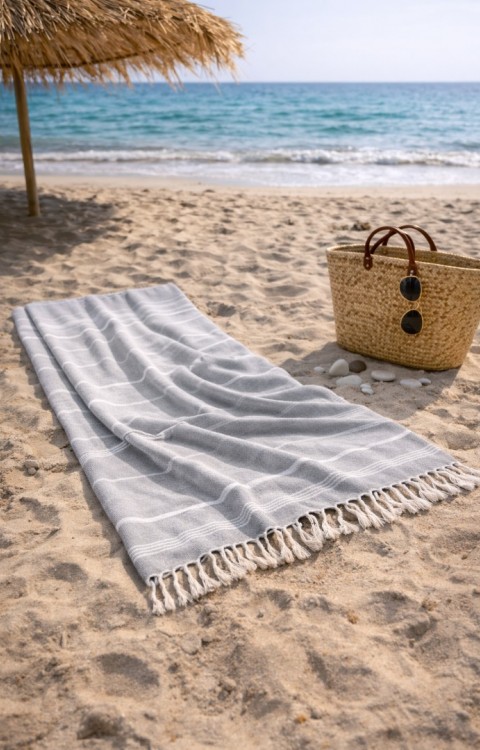 Çizgili %100 Pamuk 90x180 cm Peştemal Plaj Banyo Havlusu Gri