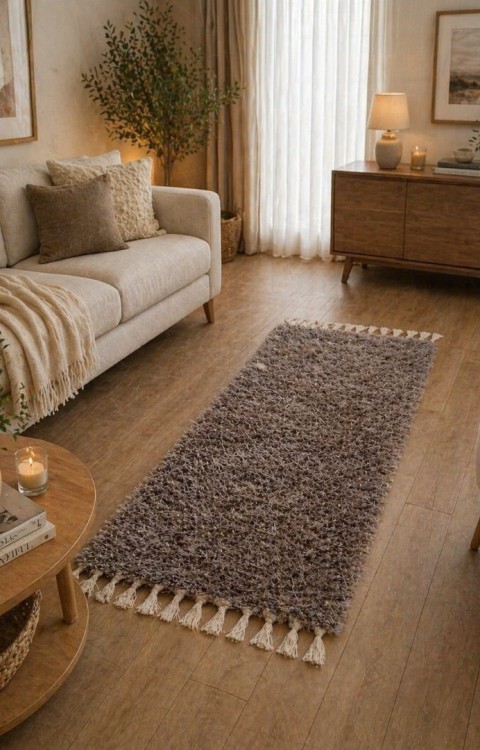 El Dokuma Bambu Viskon Yumuşak İplik 70x140 cm Peluş Halı Paspas Açık Kahve