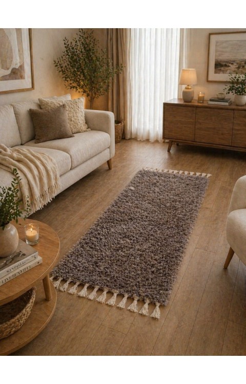 El Dokuma Bambu Viskon Yumuşak İplik 70x140 cm Peluş Halı Paspas Açık Kahve