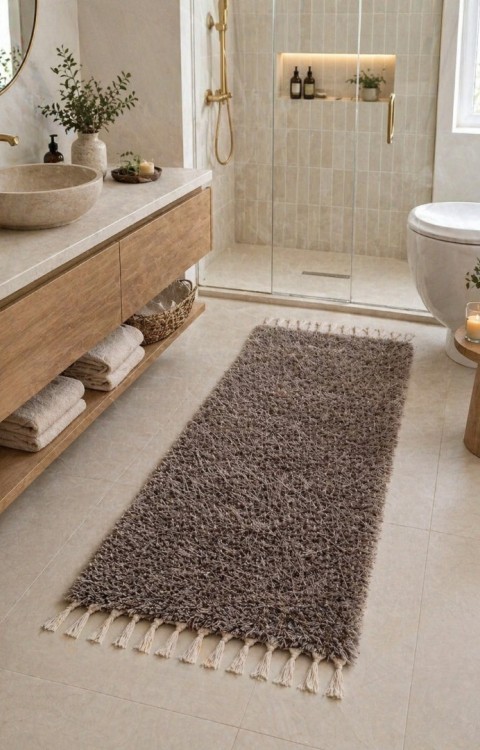 El Dokuma Bambu Viskon Yumuşak İplik 70x140 cm Peluş Halı Paspas Açık Kahve