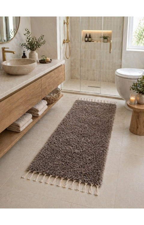 El Dokuma Bambu Viskon Yumuşak İplik 70x140 cm Peluş Halı Paspas Açık Kahve