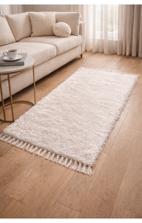 El Dokuma Bambu Viskon Yumuşak İplik 70x140 cm Peluş Halı Paspas Beyaz