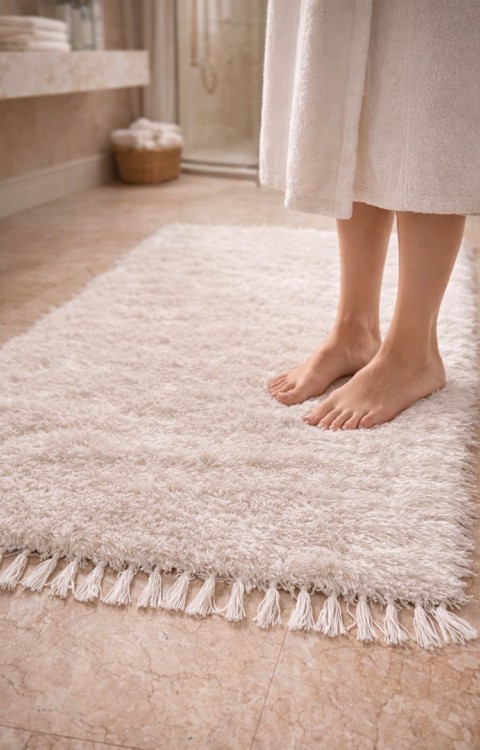 El Dokuma Bambu Viskon Yumuşak İplik 70x140 cm Peluş Halı Paspas Beyaz