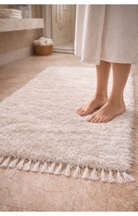 El Dokuma Bambu Viskon Yumuşak İplik 70x140 cm Peluş Halı Paspas Beyaz