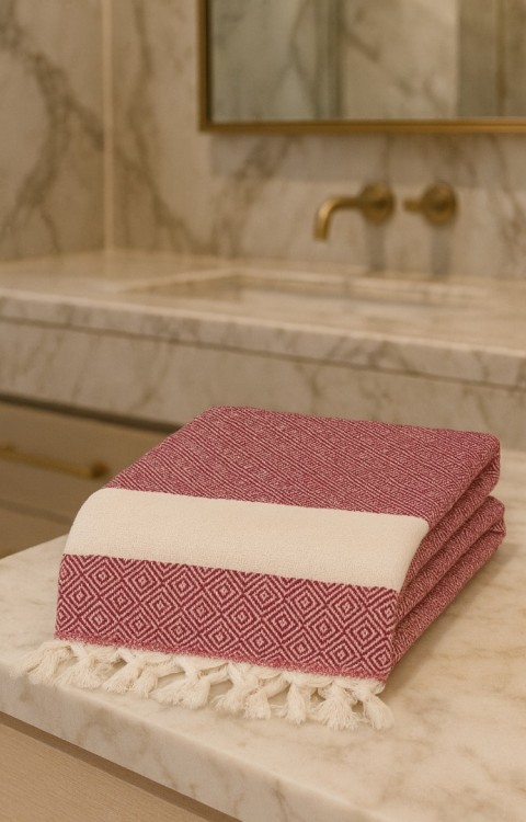 Elmas Desen %100 Pamuk 100 x 180 cm Peştemal Plaj Banyo Havlusu Kırmızı