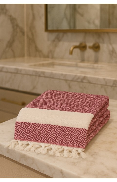 Elmas Desen %100 Pamuk 100 x 180 cm Peştemal Plaj Banyo Havlusu Kırmızı