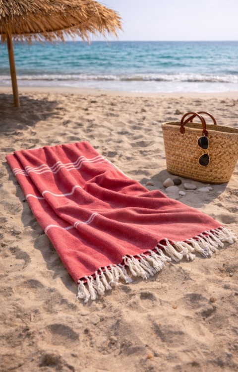 Çizgili %100 Pamuk 90x180 cm Peştemal Plaj Banyo Havlusu Kırmızı