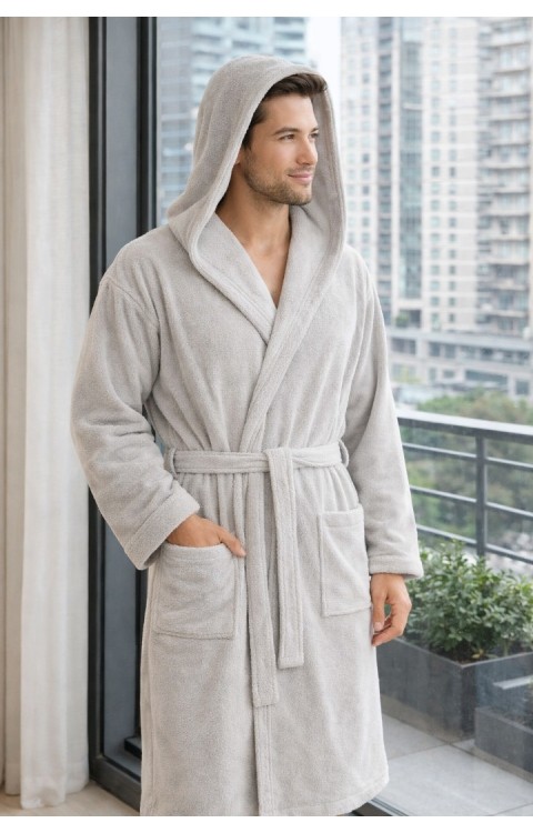 Kapüşonlu Cepli %100 Pamuk Bej Kadın Erkek Bornoz Havlu Bornoz