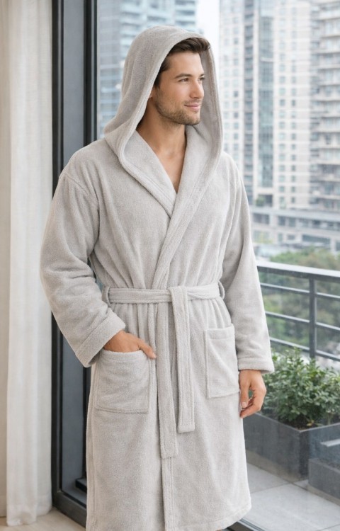 Kapüşonlu Cepli %100 Pamuk Bej Kadın Erkek Bornoz Havlu Bornoz