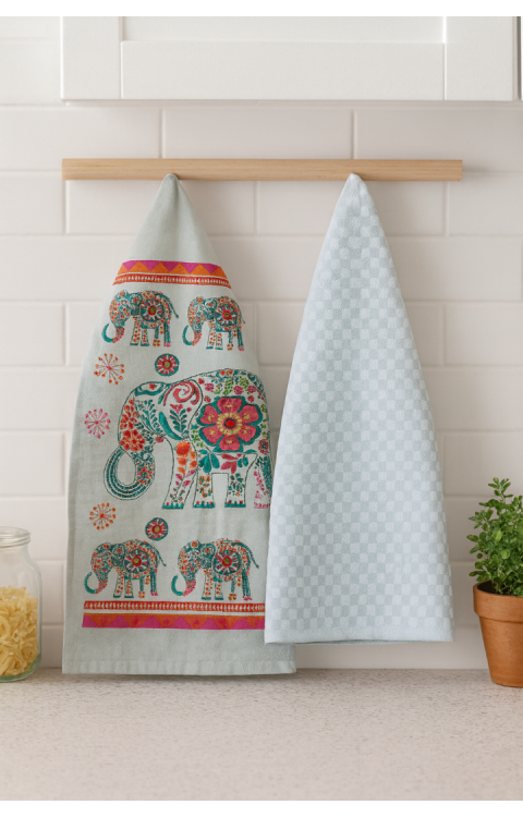 2'li Mutfak Peçetesi %100 Pamuk Dokuma Desenli ve Baskılı 40 x 60 Gri Havlu Seti