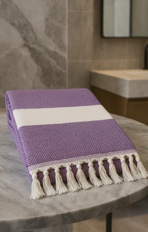 Elmas Desen %100 Pamuk 100 x 180 cm Peştemal Plaj Banyo Havlusu Mor