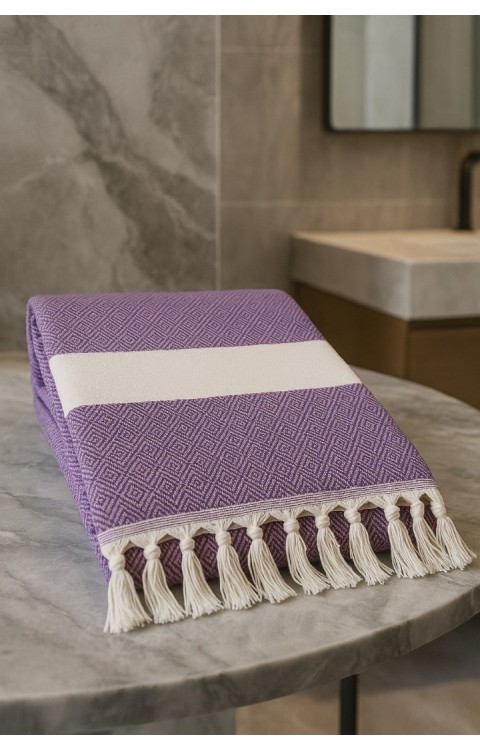 Elmas Desen %100 Pamuk 100 x 180 cm Peştemal Plaj Banyo Havlusu Mor