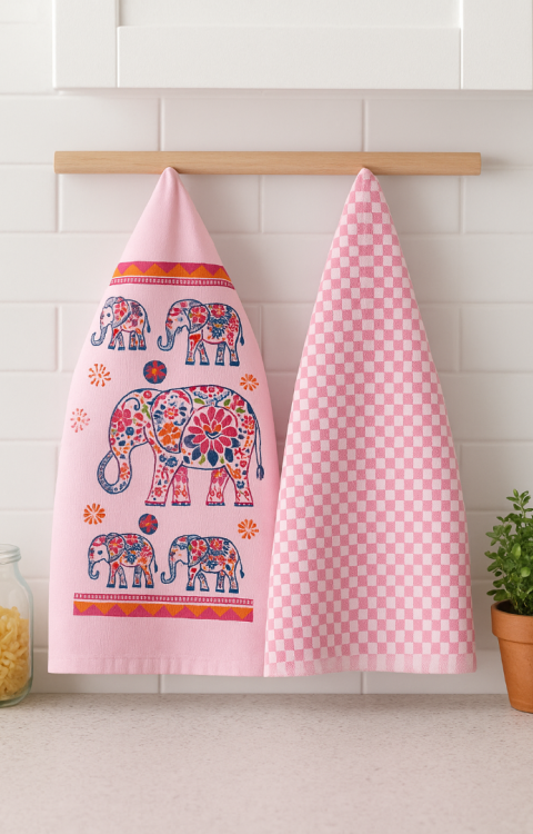 2'li Mutfak Peçetesi %100 Pamuk Dokuma Desenli ve Baskılı 40 x 60 Pudra Havlu Seti