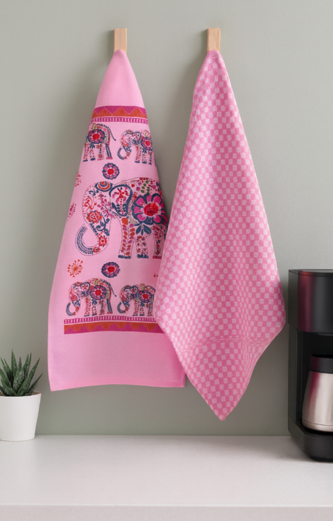 2'li Mutfak Peçetesi %100 Pamuk Dokuma Desenli ve Baskılı 40 x 60 Pembe Havlu Seti