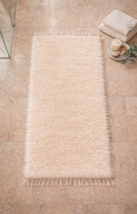 El Dokuma Bambu Viskon Yumuşak İplik 70x140 cm Peluş Halı Paspas Krem