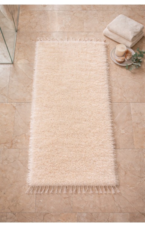 El Dokuma Bambu Viskon Yumuşak İplik 70x140 cm Peluş Halı Paspas Krem