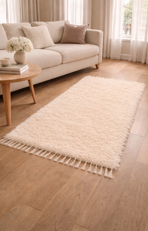El Dokuma Bambu Viskon Yumuşak İplik 70x140 cm Peluş Halı Paspas Krem